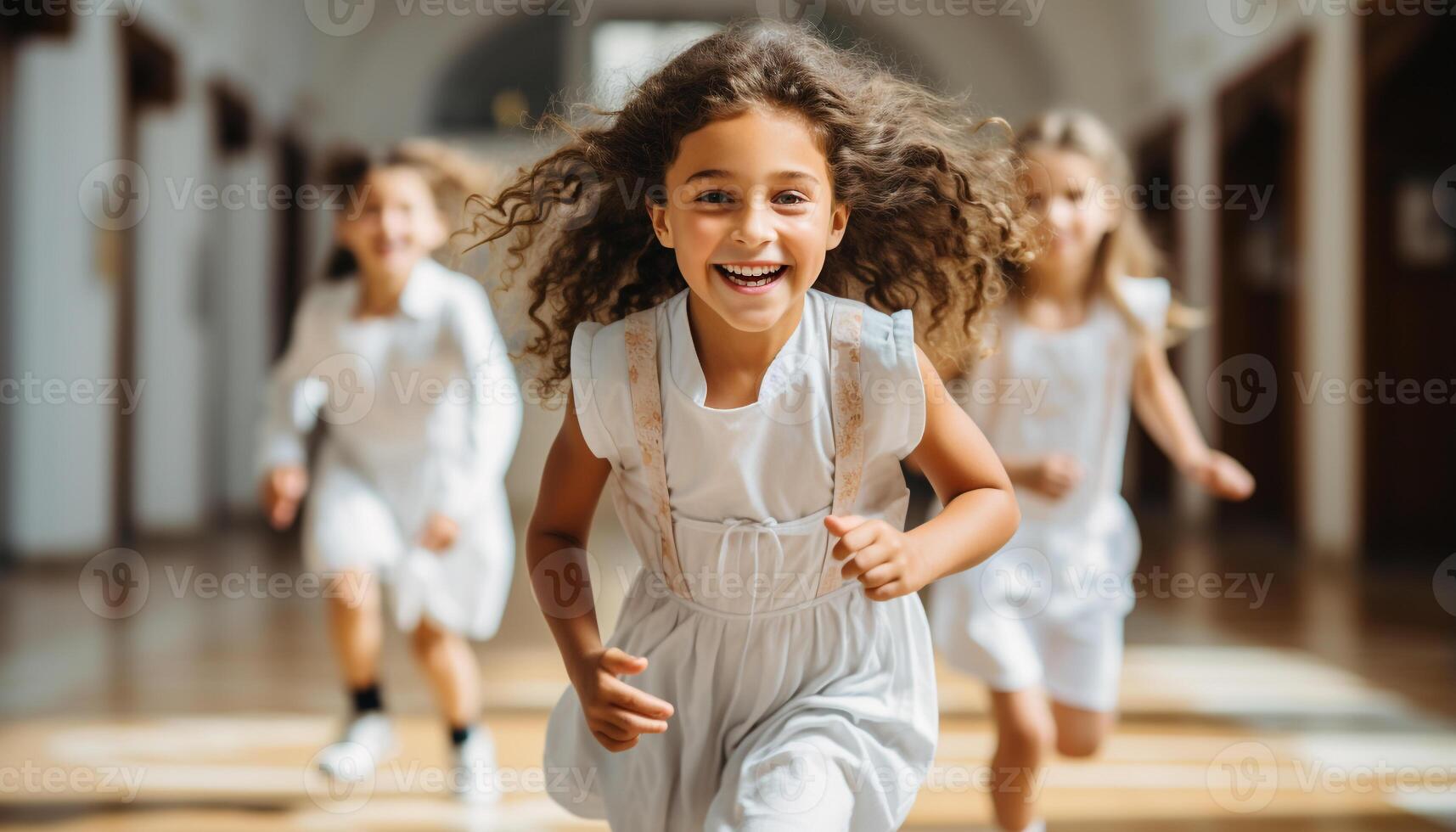 ai generado grupo de niños sonriente, baile, y jugando en un colegio generado por ai foto