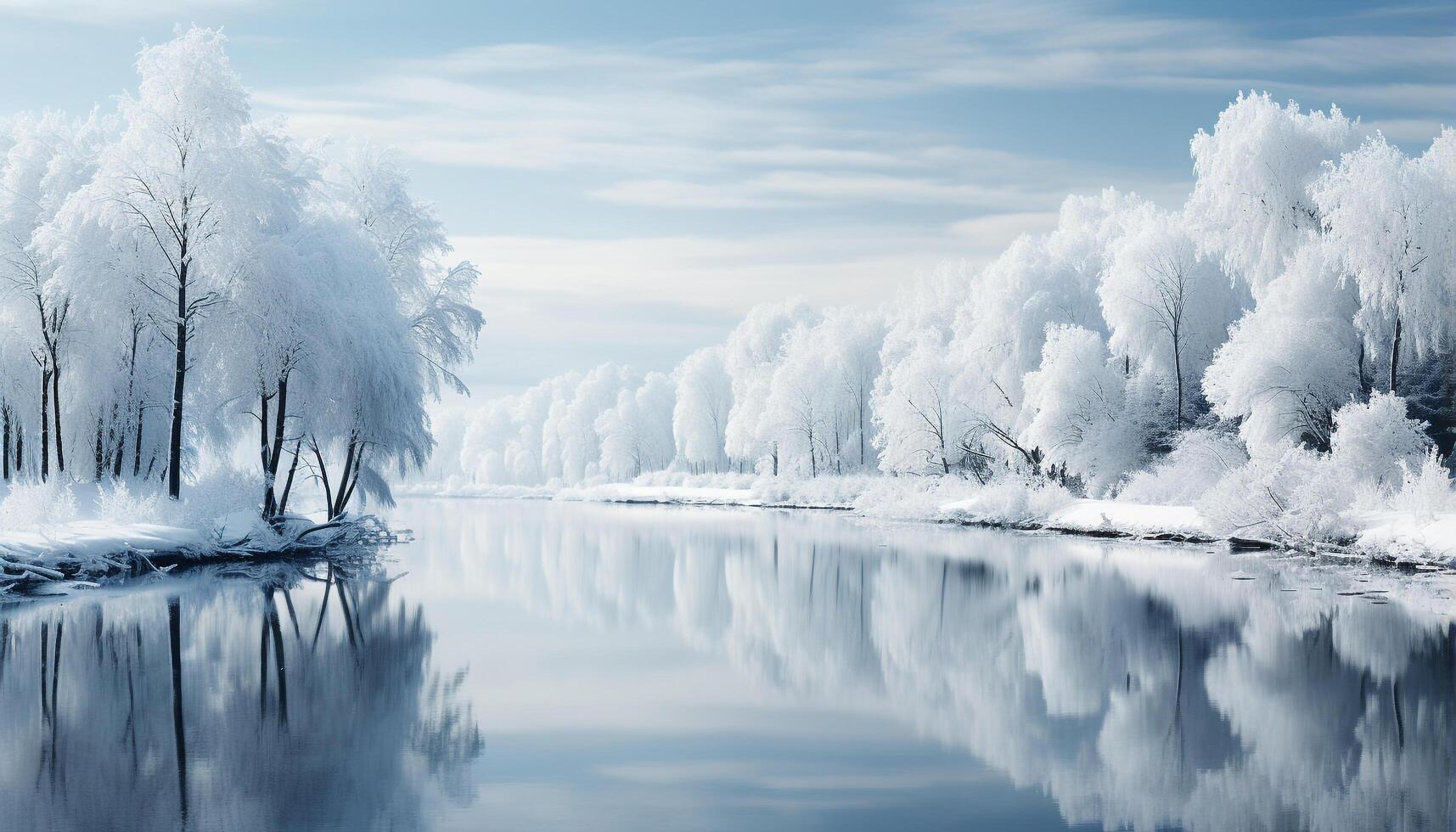 AI generated Winter landscape  snow covered tree reflects in tranquil frozen pond generated by AI photo