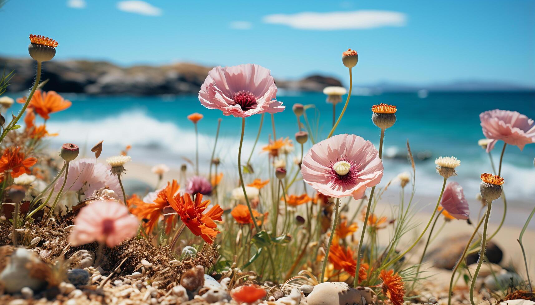 AI generated The vibrant meadow blossoms in nature tranquil, colorful embrace generated by AI photo