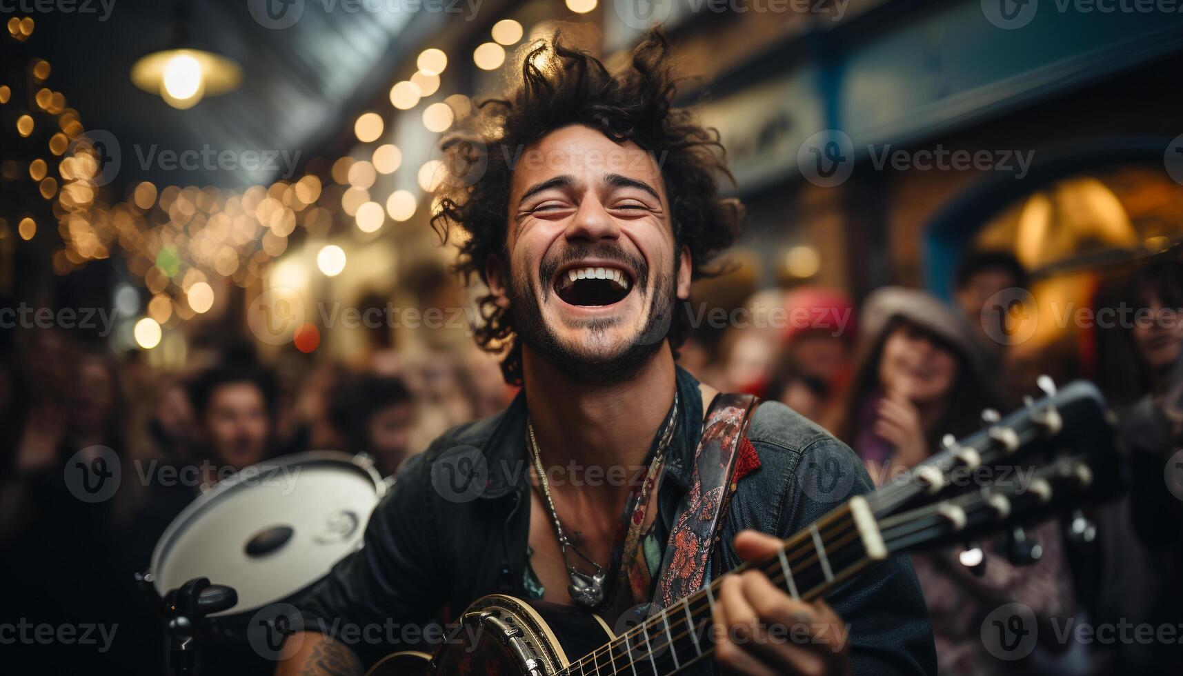 AI generated Young adults, cheerful and carefree, playing guitars, creating musical joy generated by AI photo