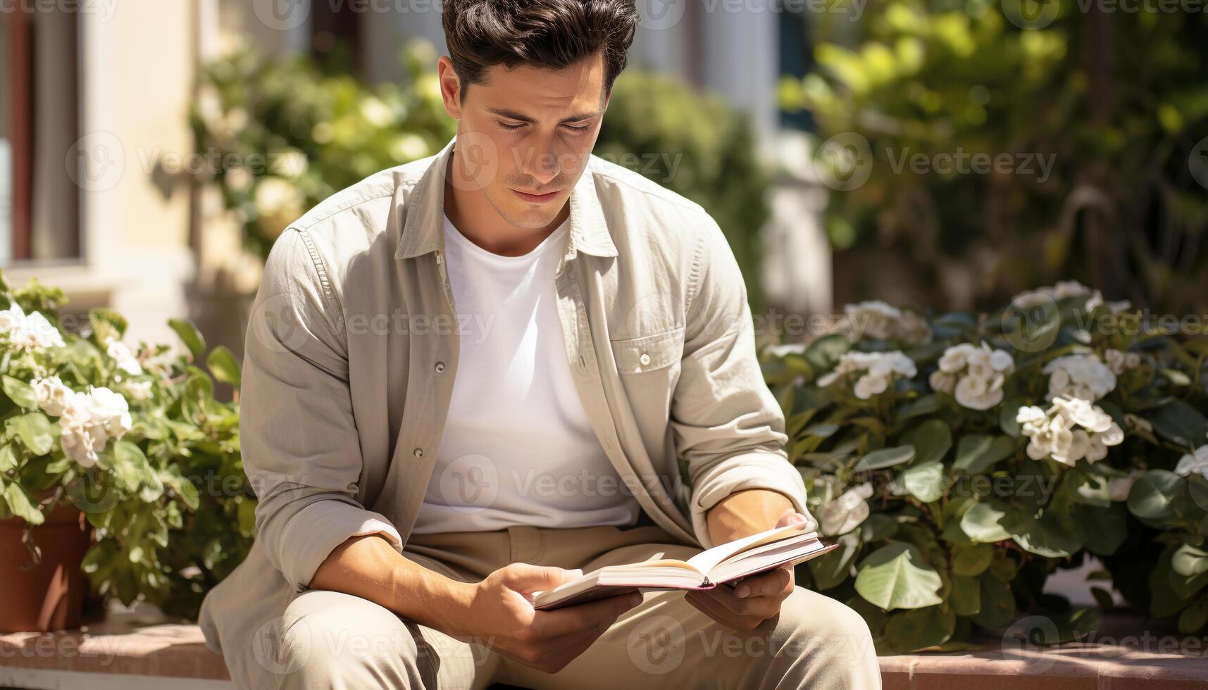 ai generado uno hombre sentado al aire libre, leyendo un libro, disfrutando naturaleza generado por ai foto