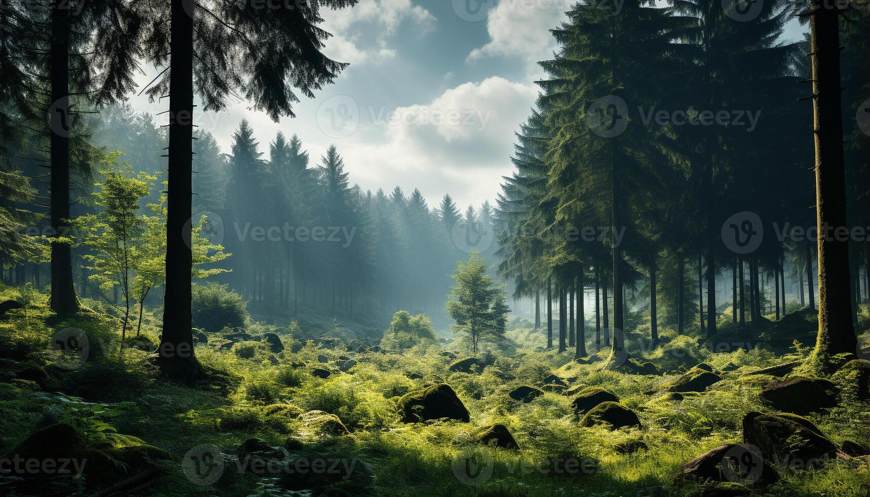 ai generado tranquilo escena verde prado, pino árbol, niebla, montaña, luz de sol generado por ai foto