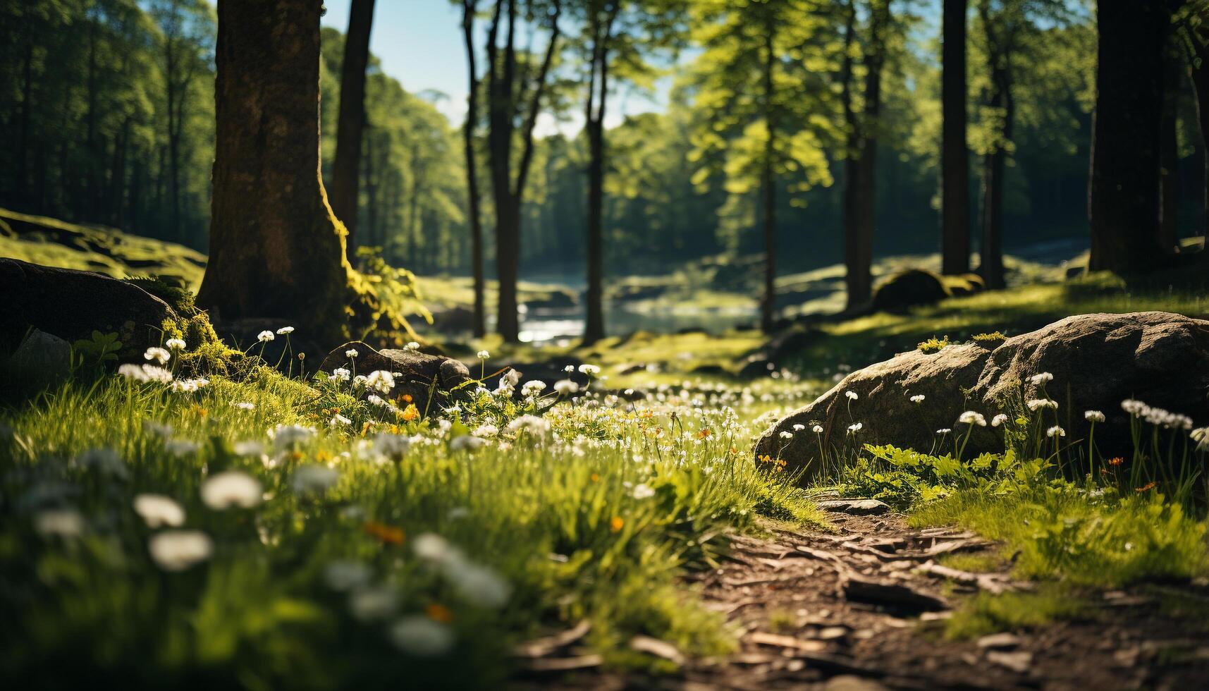 AI generated Tranquil scene  green meadow, wildflowers, and old farm in nature generated by AI photo