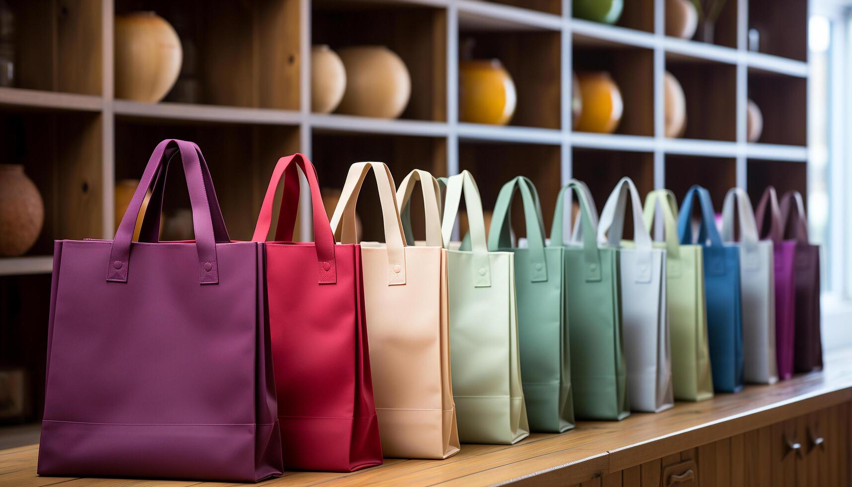 AI generated Large collection of fashion bags on store shelves for sale generated by AI photo