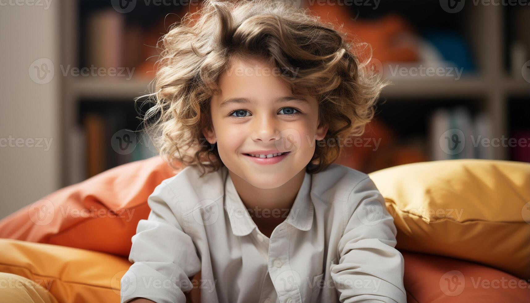 AI generated Smiling child, cute and happy, sitting on sofa at home generated by AI photo