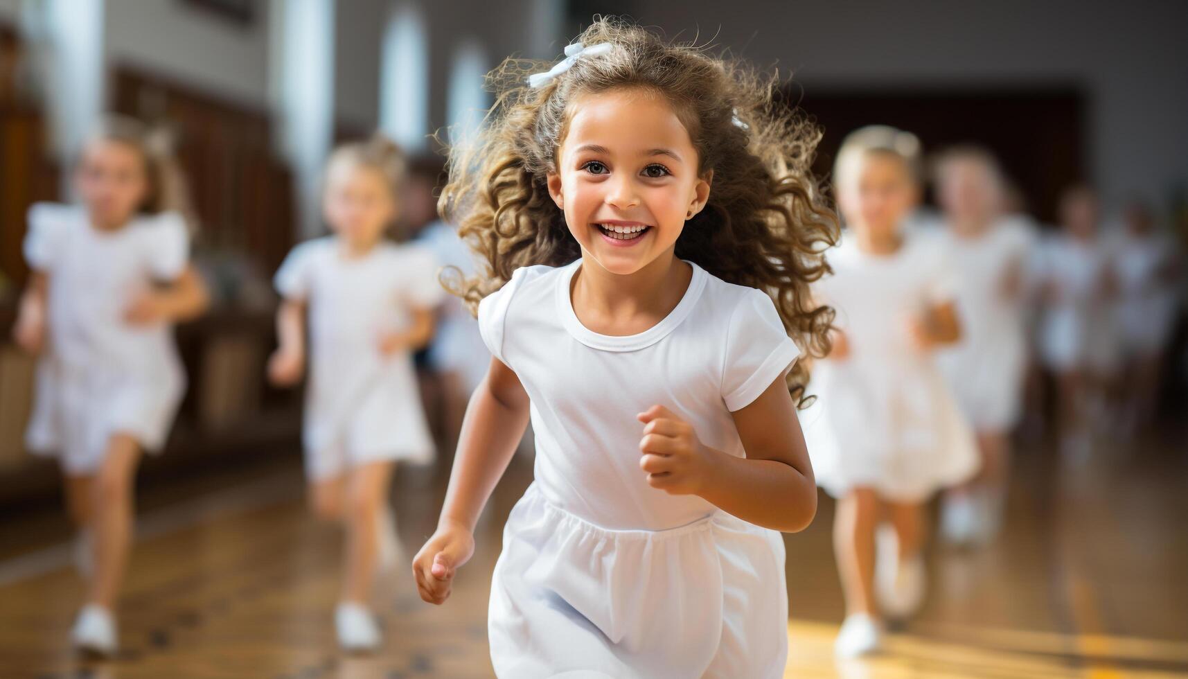 AI generated Group of children running and dancing, smiling with happiness generated by AI photo