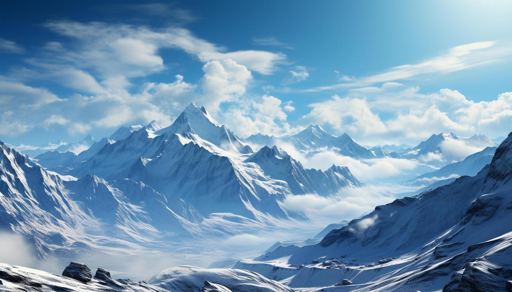 AI generated Majestic mountain peak, snow covered landscape, tranquil nature, blue sky generated by AI photo