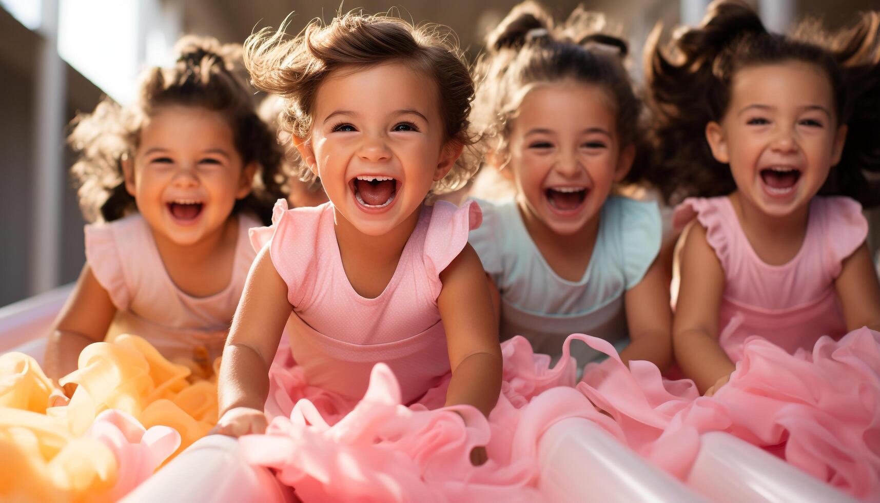 ai generado sonriente muchachas jugando, reír, disfrutando infancia al aire libre, mirando a cámara generado por ai foto