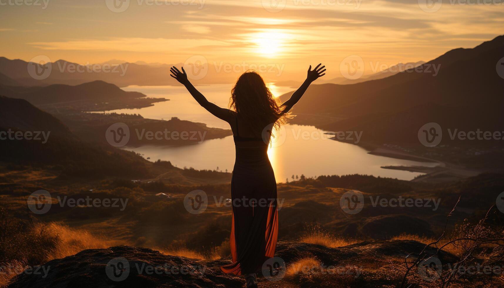 AI generated One woman standing on mountain peak, arms outstretched, enjoying nature generated by AI photo