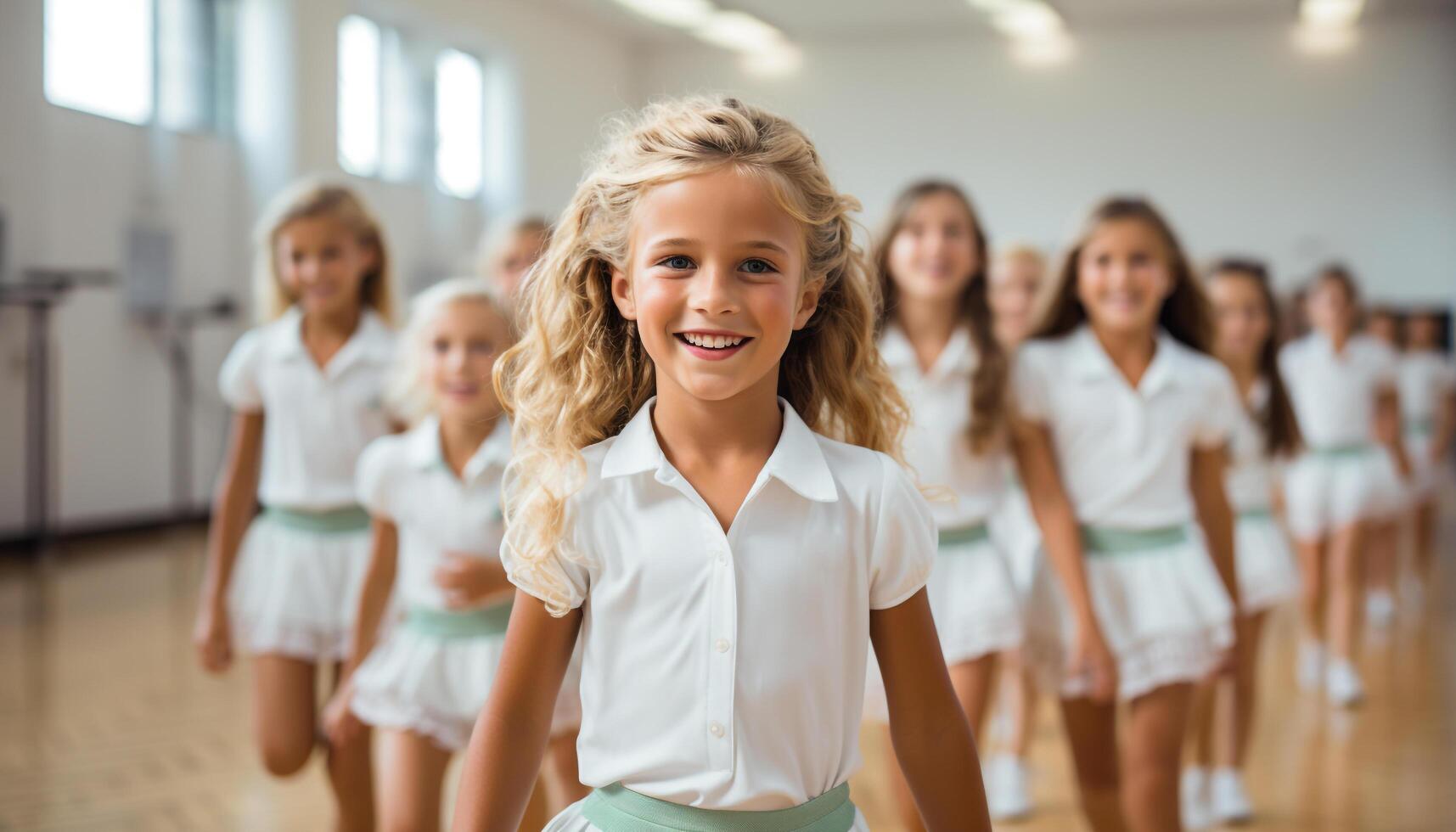 AI generated Smiling girls in classroom, learning together, radiating happiness and confidence generated by AI photo