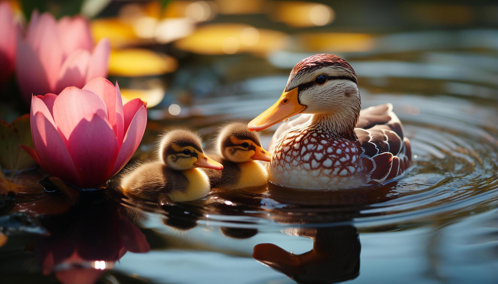 AI generated Cute duckling quacking in pond, surrounded by nature beauty generated by AI photo