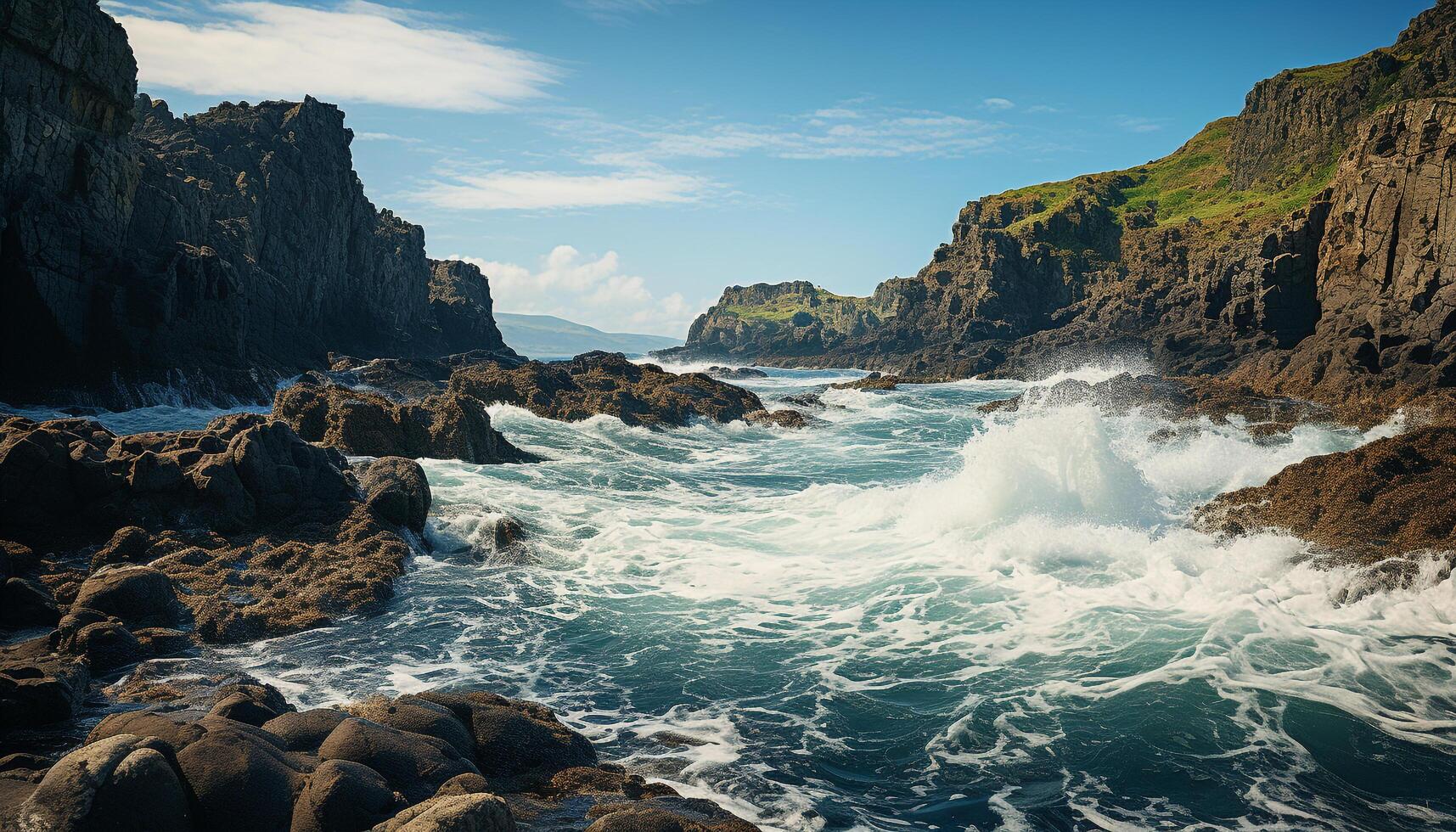 ai generado majestuoso montaña rango, áspero ondas, tranquilo atardecer, remoto exploración generado por ai foto