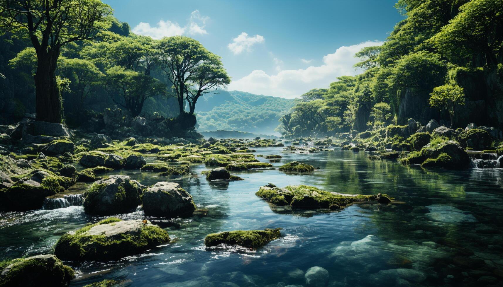 ai generado tranquilo escena verde paisaje, fluido agua, reflejando otoño belleza generado por ai foto