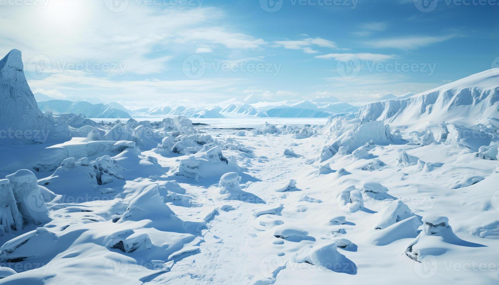 ai generado invierno paisaje majestuoso montañas, congelado agua, tranquilo belleza generado por ai foto