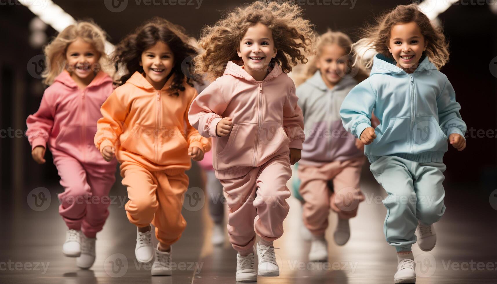 AI generated Group of children running outdoors, smiling and enjoying nature generated by AI photo