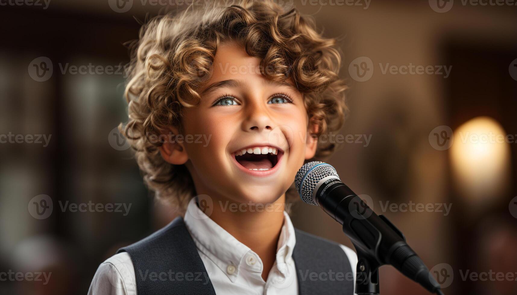 ai generado sonriente niño cantando, alegre ejecutante cautivador audiencia con música generado por ai foto