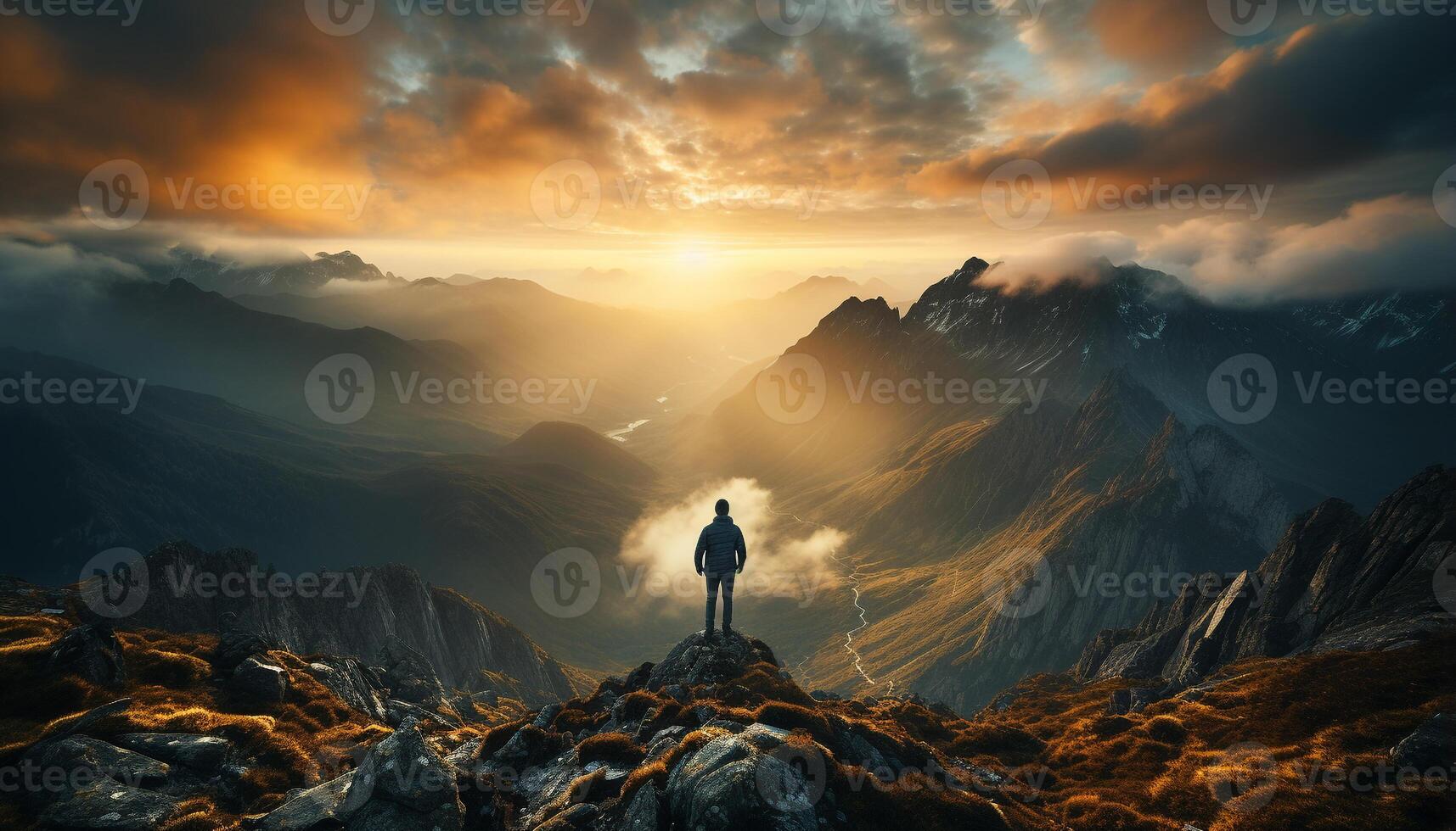AI generated One person standing on top of majestic mountain peak at sunrise generated by AI photo