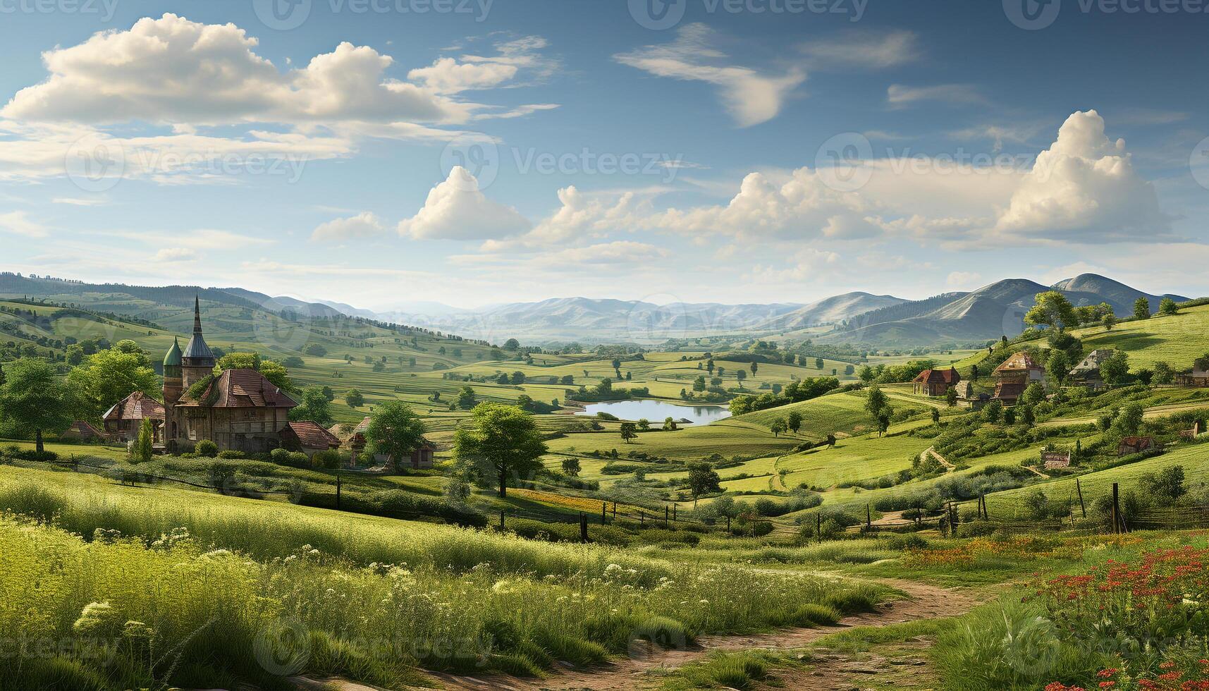 AI generated Tranquil meadow, green mountains, old chapel nature serenity generated by AI photo