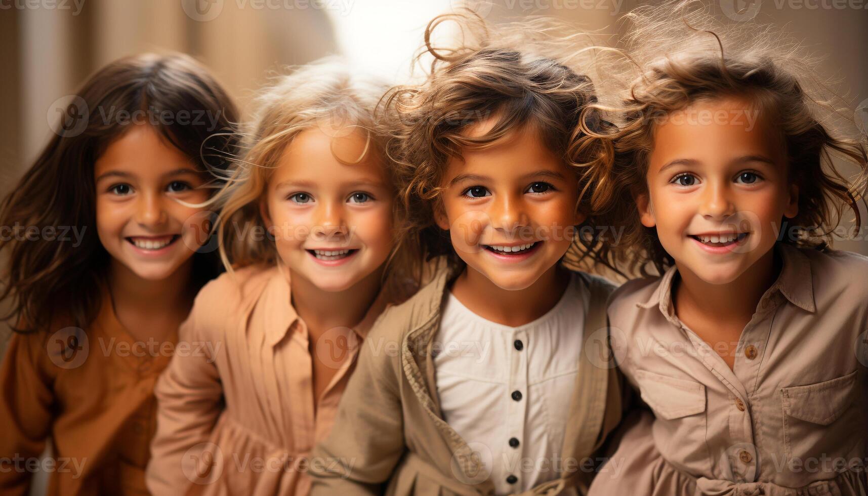 ai generado grupo de niños sonriente, mirando a cámara, disfrutando al aire libre juntos generado por ai foto