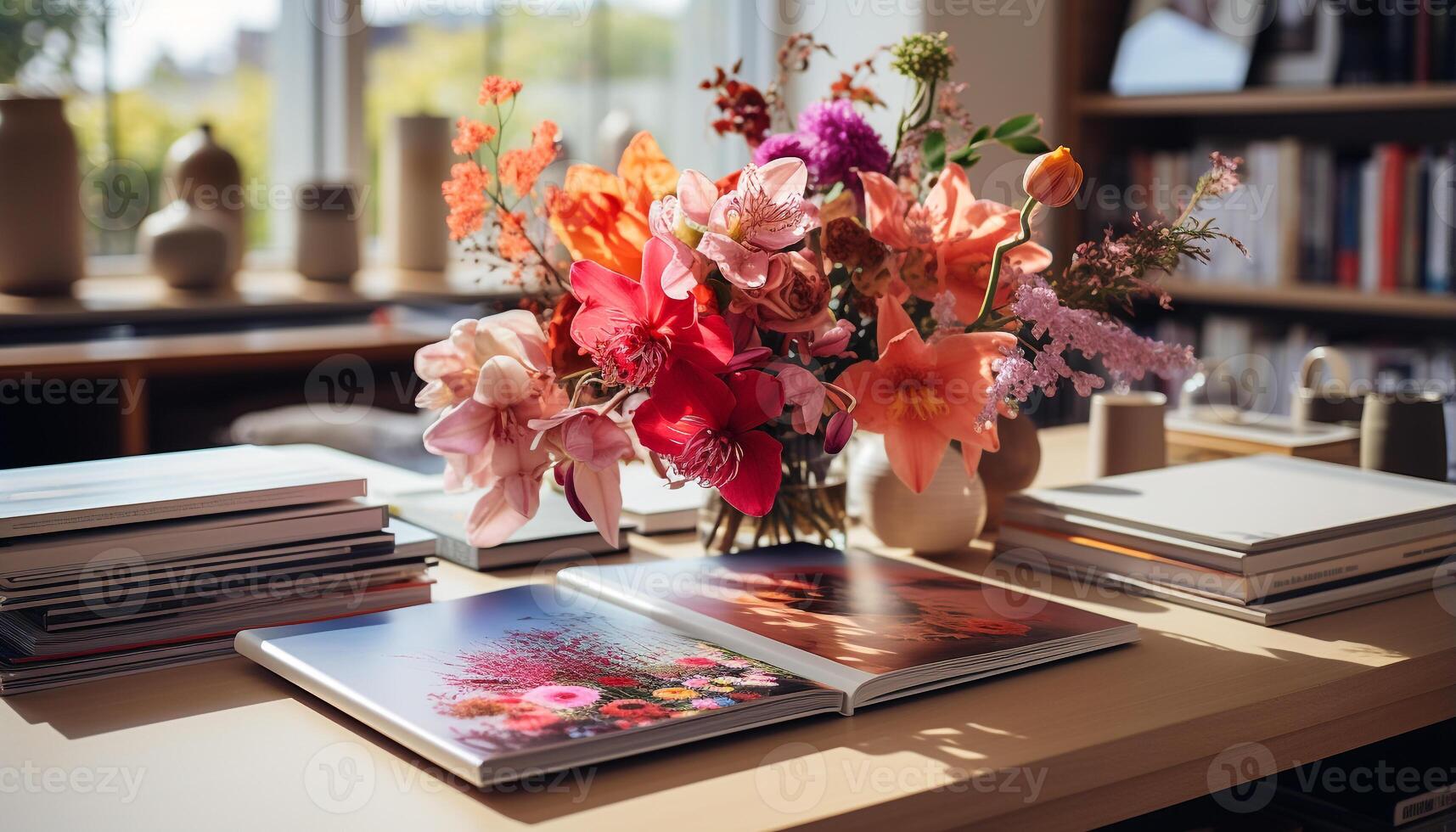 AI generated Indoor bookshelf displays literature collection, vase holds fresh flowers generated by AI photo