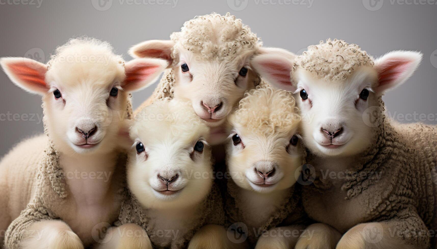 AI generated Cute lamb looking at camera, surrounded by fluffy farm animals generated by AI photo