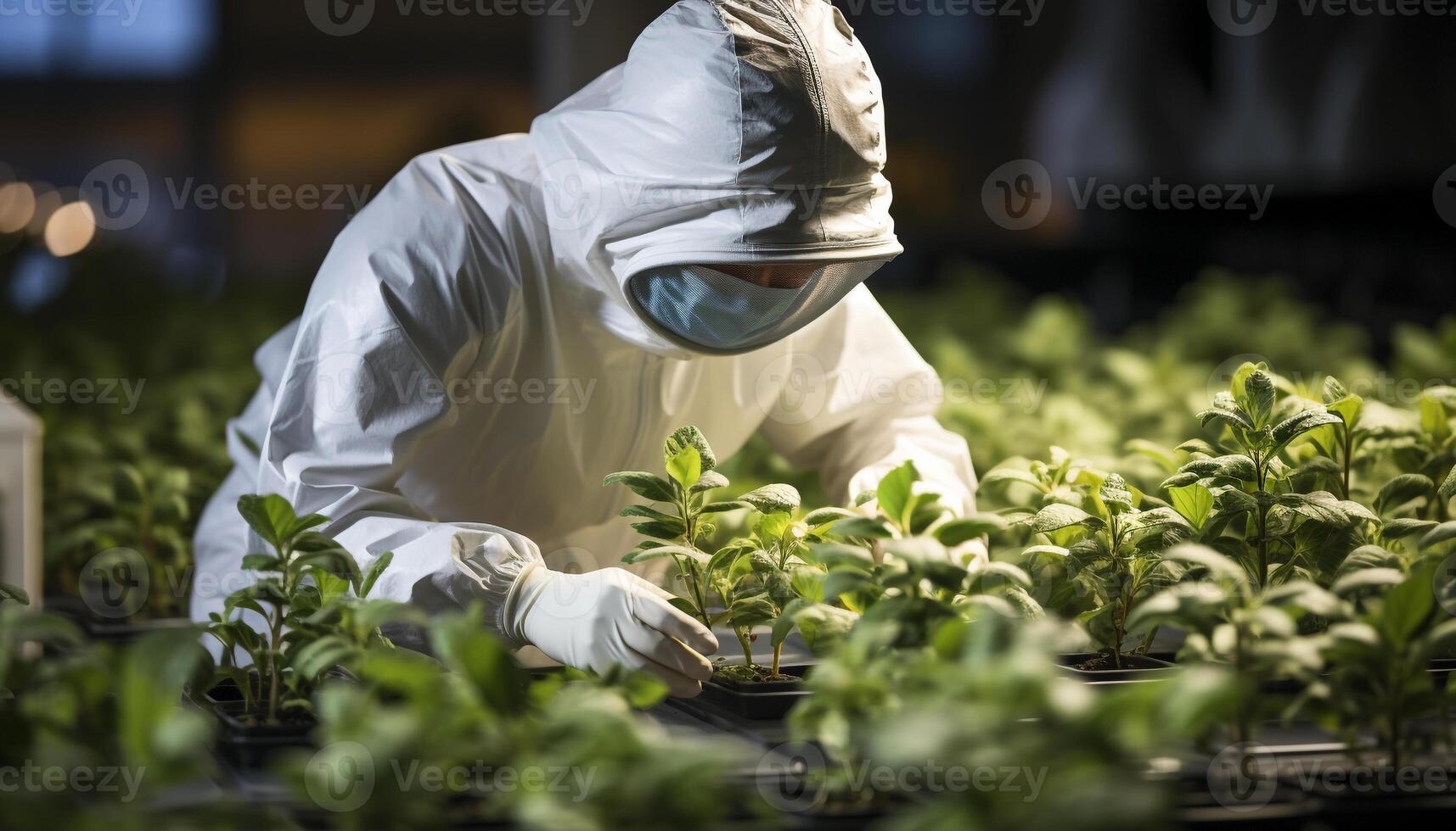 ai generado científico analizando planta crecimiento en invernadero, vistiendo protector ropa de trabajo generado por ai foto