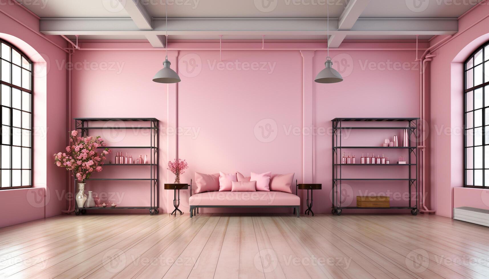 AI generated Modern, elegant living room with bright pink sofa and clean parquet flooring generated by AI photo