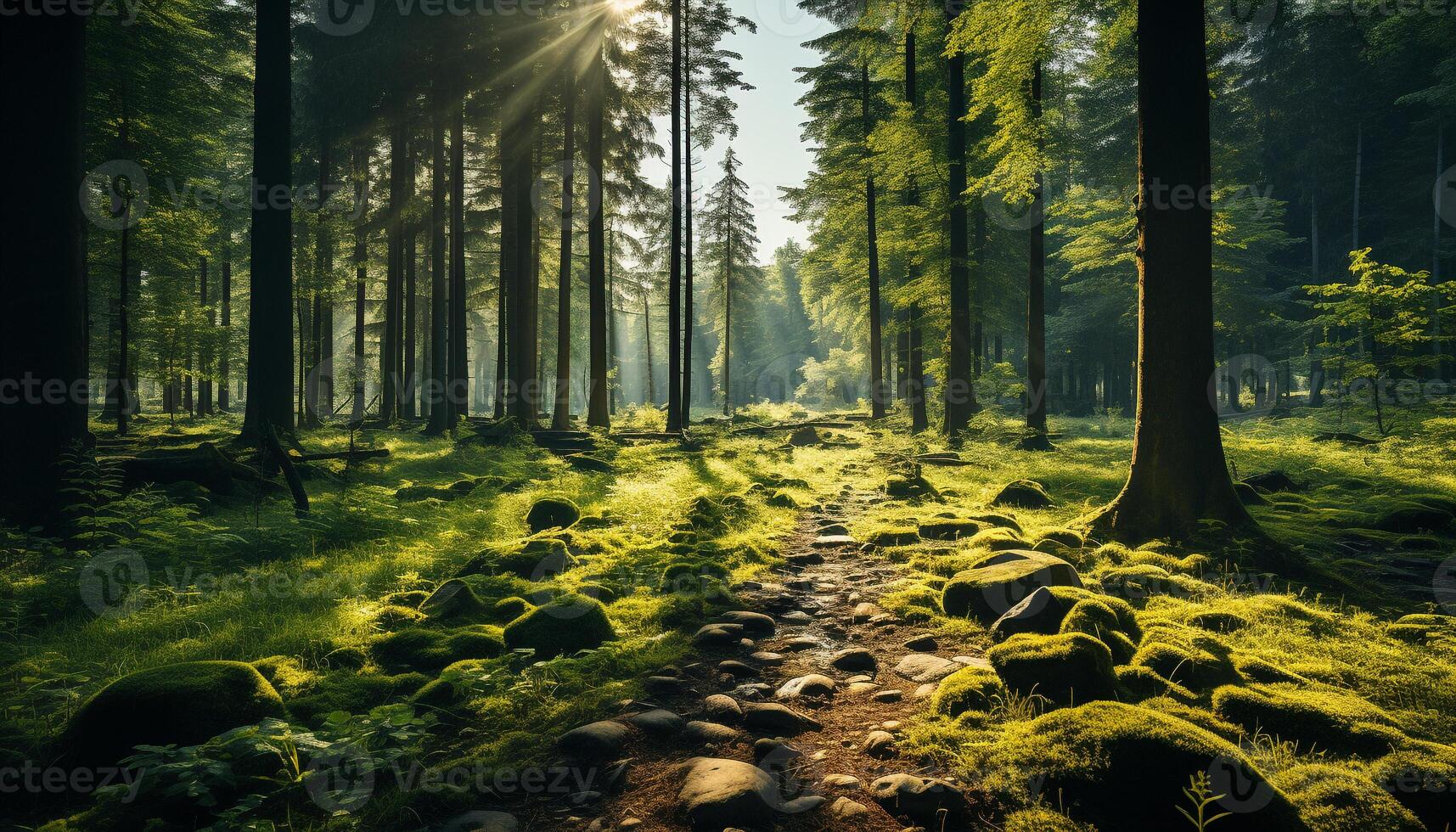 AI generated Tranquil forest path reveals nature beauty in autumn sunlight generated by AI photo