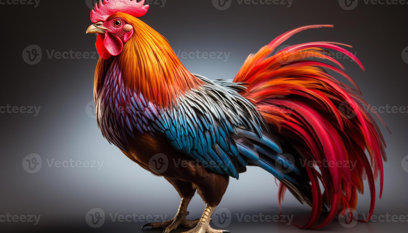 ai generado un vibrante gallo soportes orgulloso, exhibiendo sus majestuoso plumas generado por ai foto