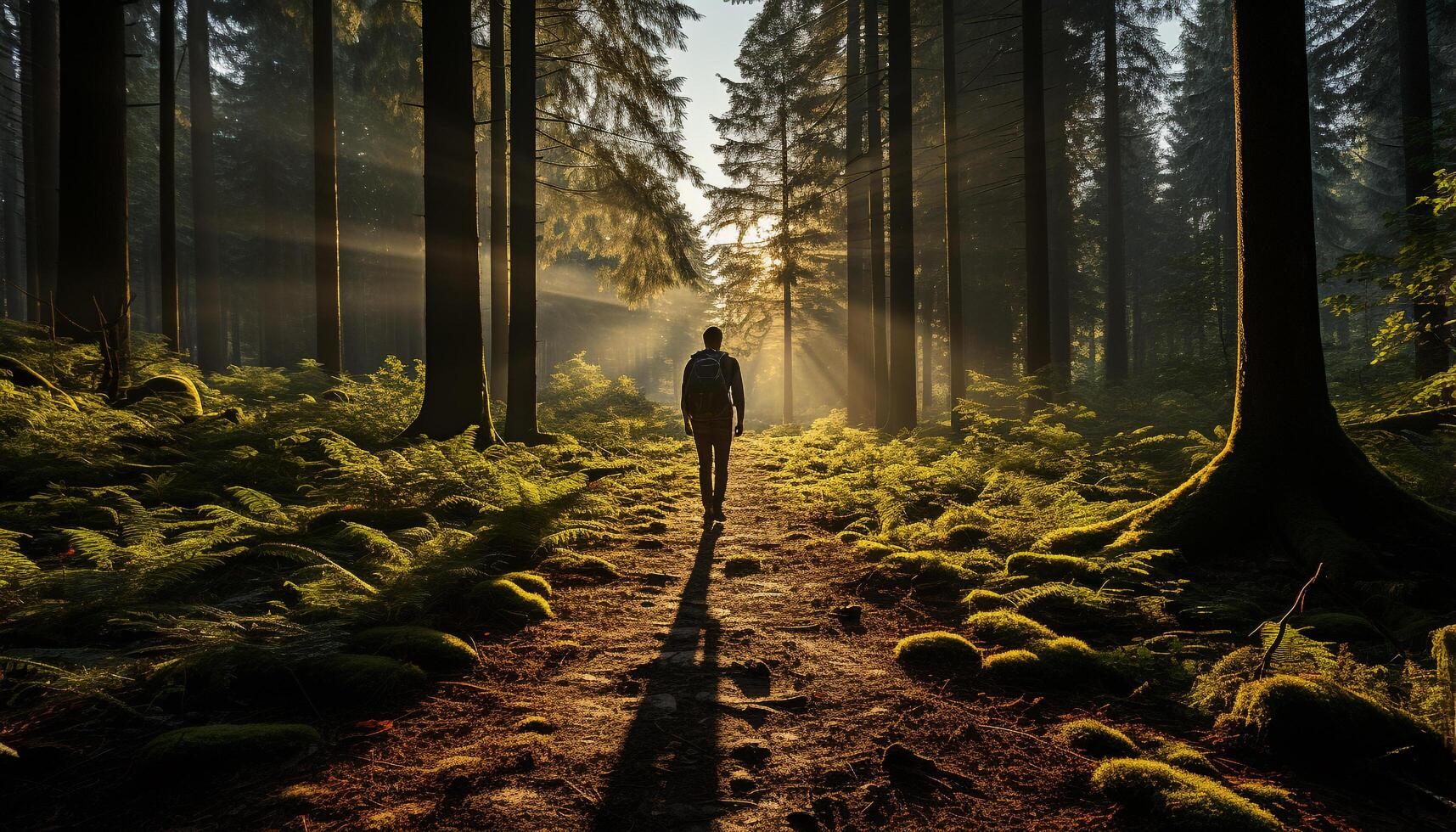 AI generated One person hiking through foggy forest, embracing solitude and mystery generated by AI photo