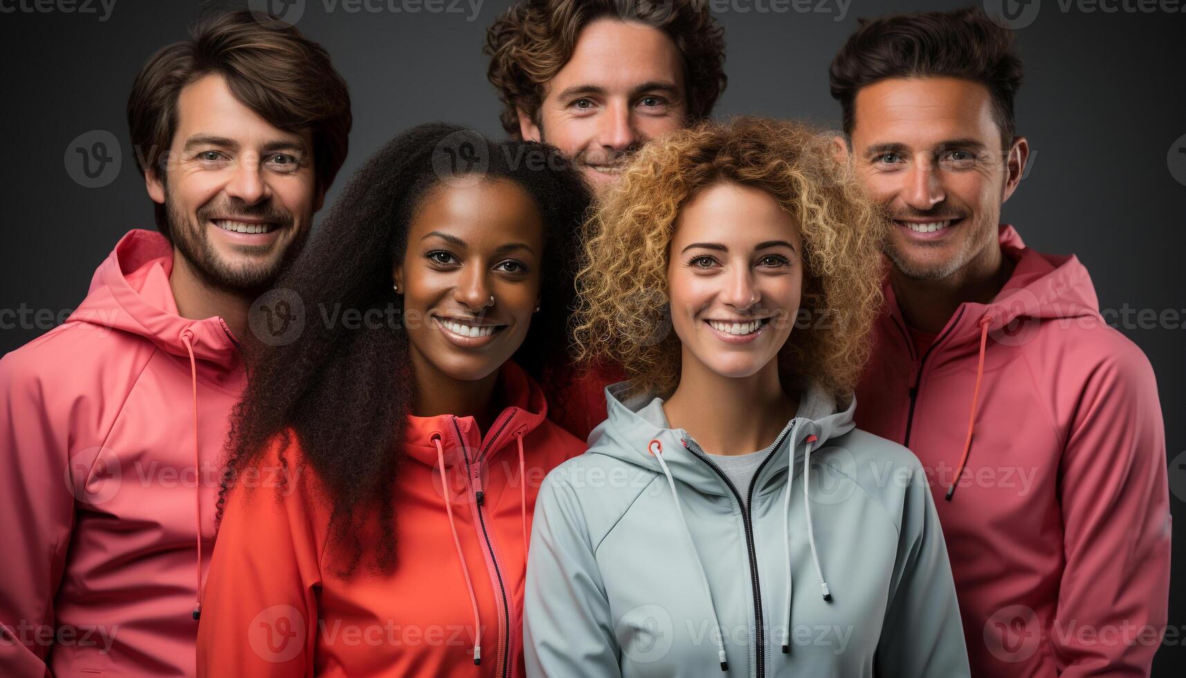 AI generated A group of young adults smiling, looking at camera, bonding generated by AI photo