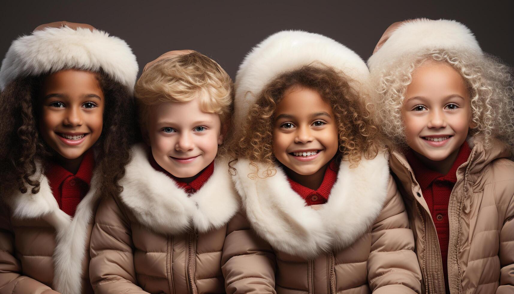 AI generated Smiling child, cheerful girls and boys, happiness in winter generated by AI photo