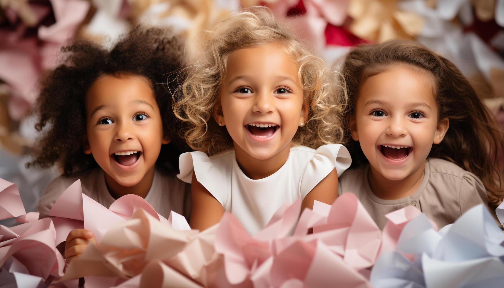 AI generated Smiling girls, cheerful boys, cute child, happiness, joyful celebration generated by AI photo