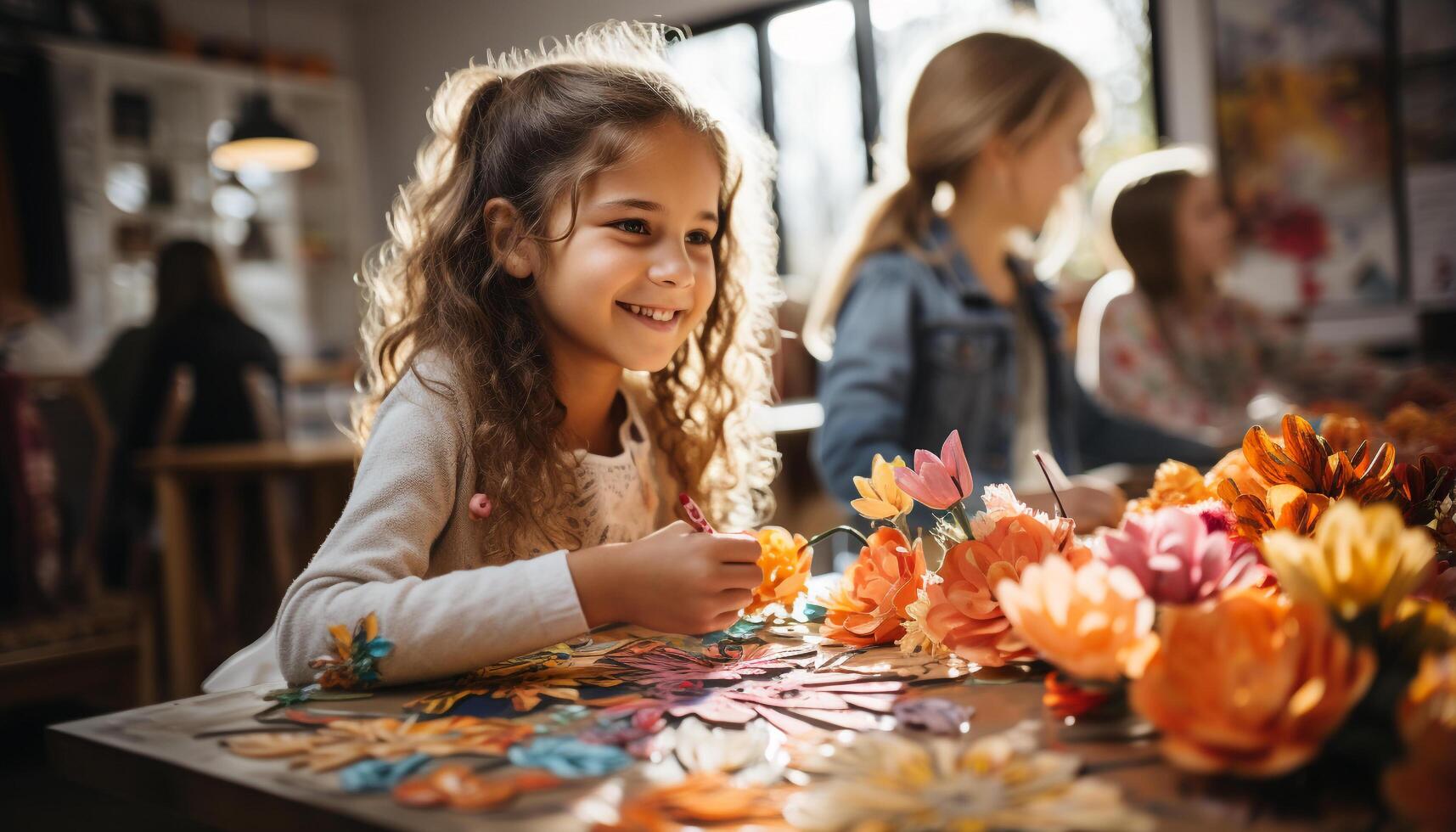 ai generado dos muchachas sentado a un mesa, sonriente, pintura flores juntos generado por ai foto