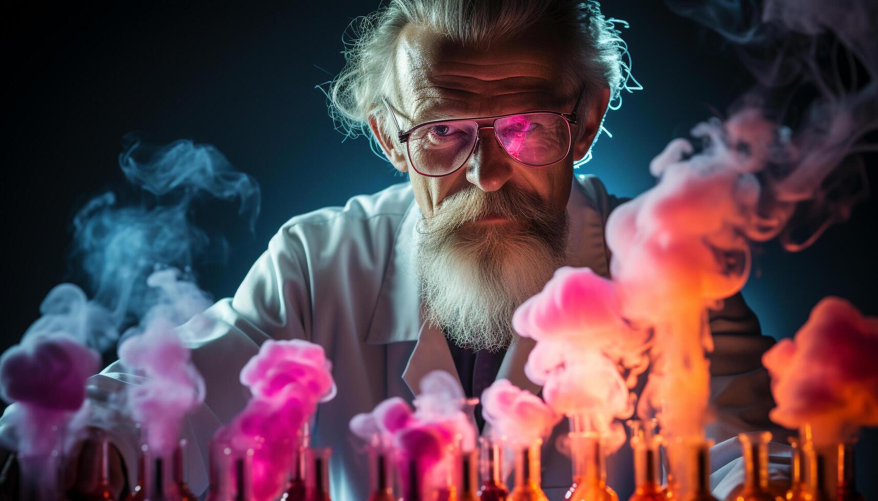 AI generated A mature scientist holding a smoke, celebrating science at night generated by AI photo