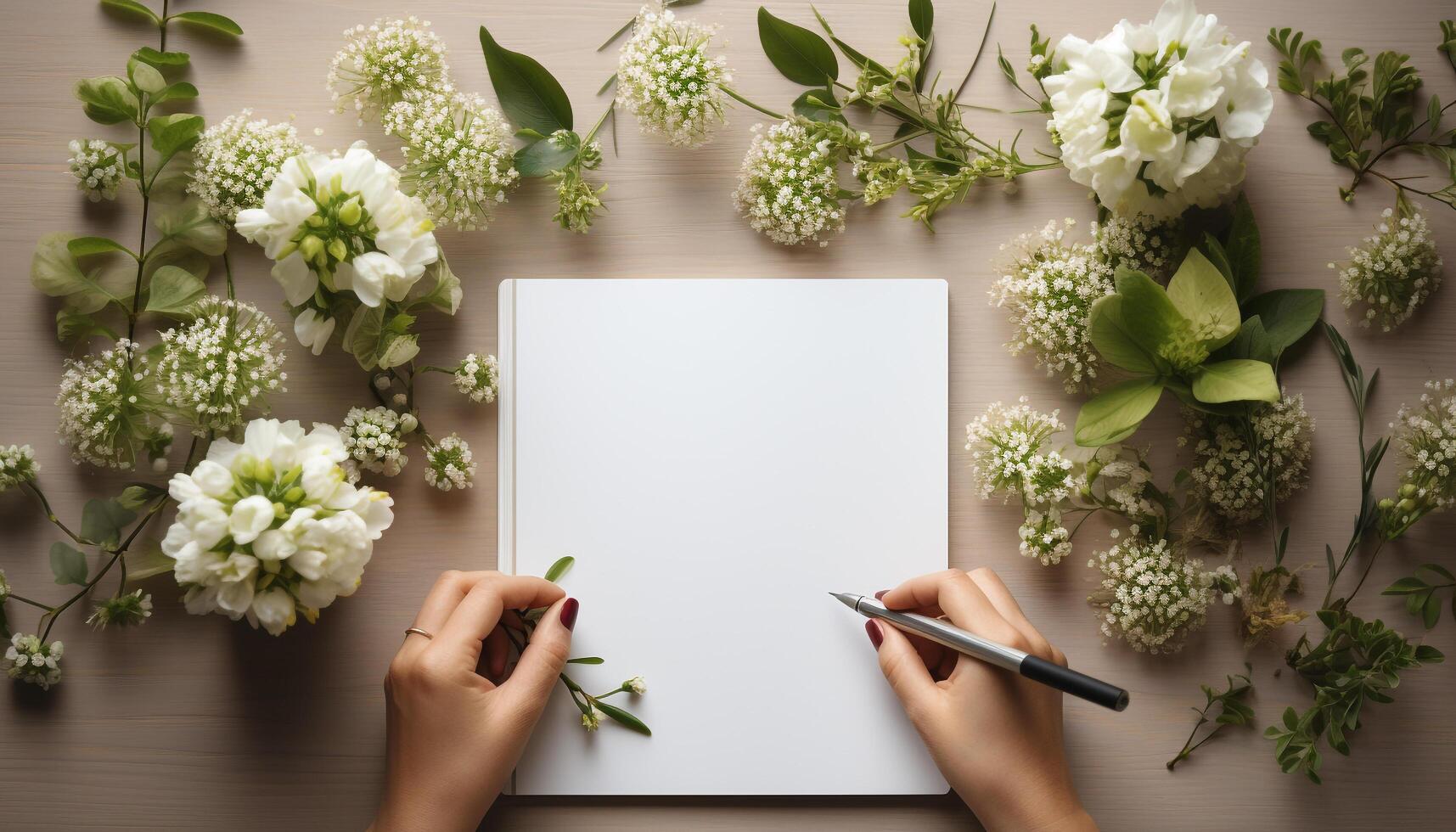 AI generated Women holding a bouquet of fresh flowers on wooden table generated by AI photo