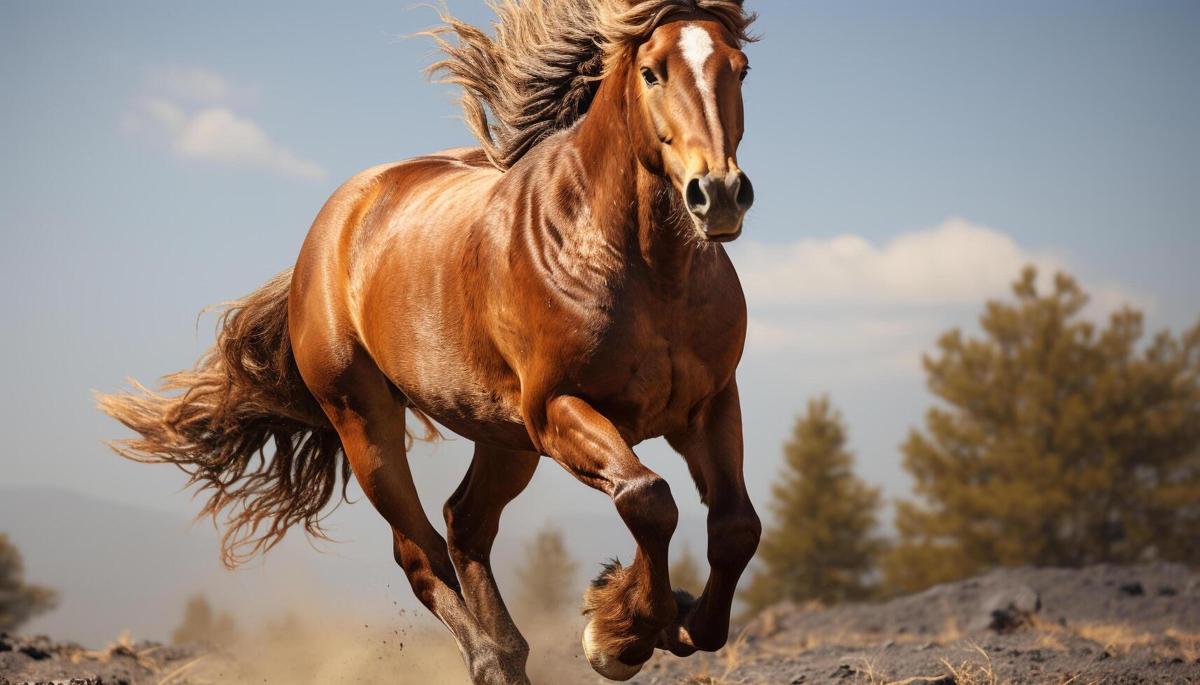 AI generated Running stallion in the meadow, showcasing beauty and freedom generated by AI photo