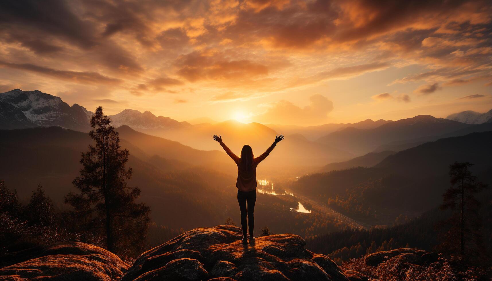 AI generated One person standing on mountain peak, arms raised, enjoying sunset generated by AI photo