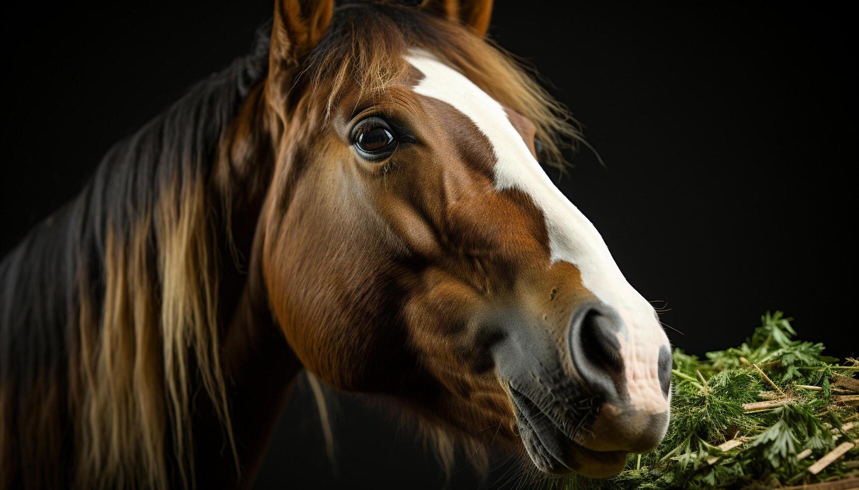 AI generated Beautiful black stallion grazing in a rural meadow generated by AI photo