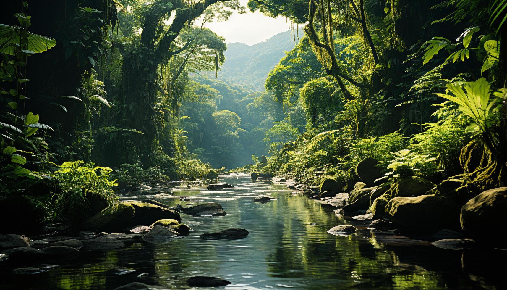 AI generated Tranquil scene  green forest, flowing water, reflecting autumn beauty generated by AI photo