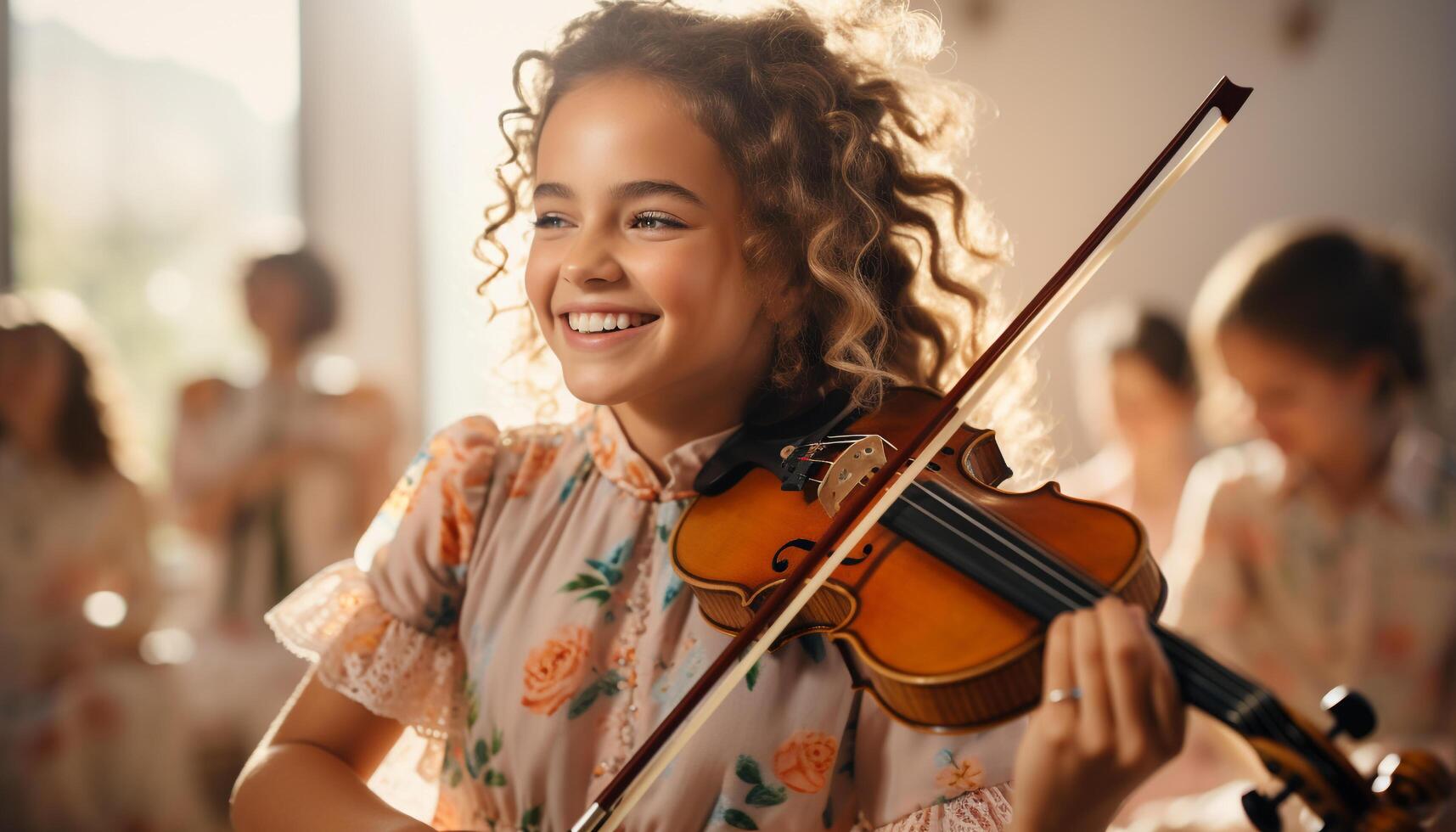 ai generado sonriente niños jugando violín, felicidad adentro, chicas' musical educación generado por ai foto