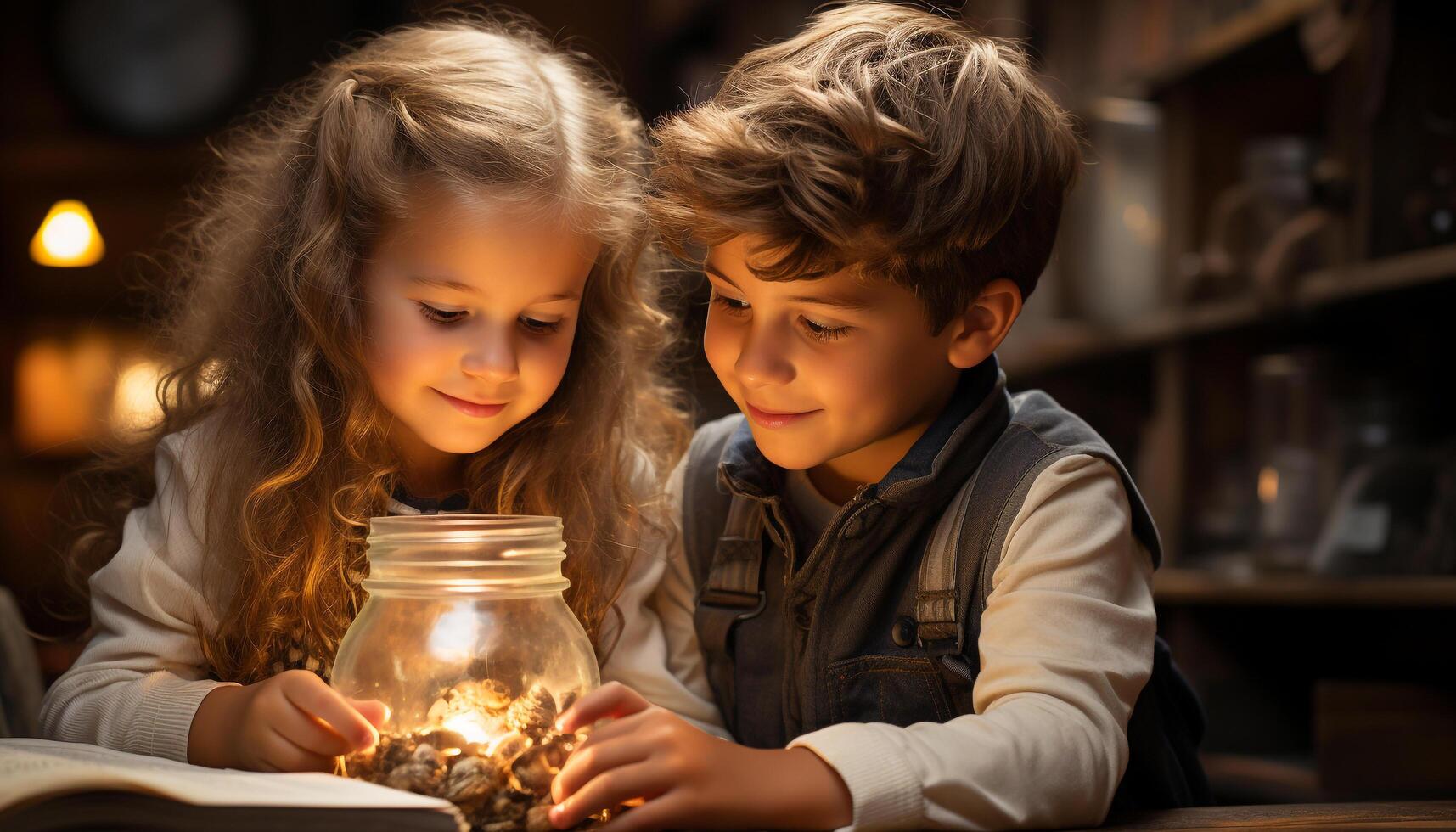 ai generado dos linda niños, un chico y un chica, sonriente felizmente adentro generado por ai foto