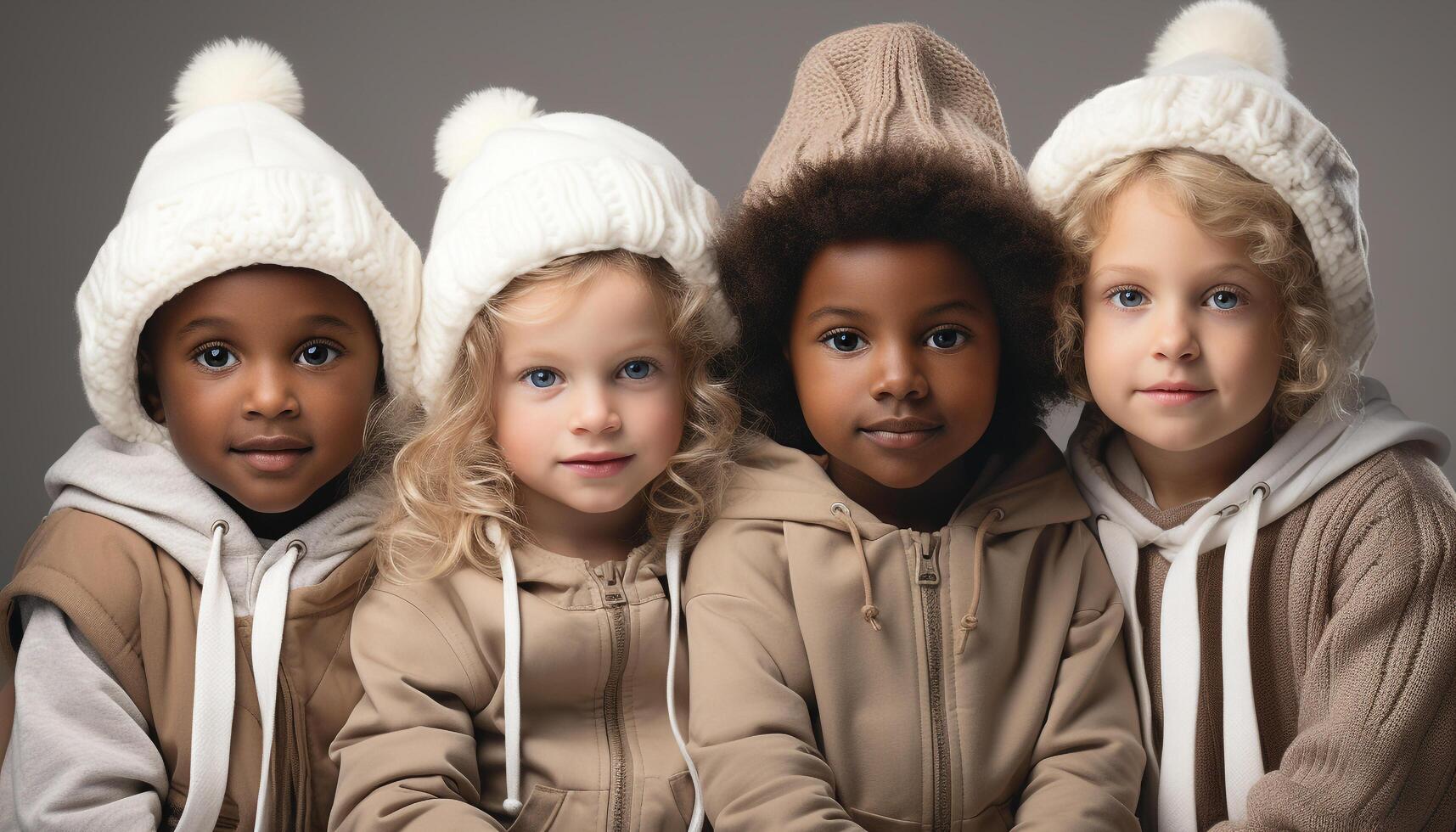 ai generado linda niños sonriente, mirando a cámara, en un fila, adentro generado por ai foto