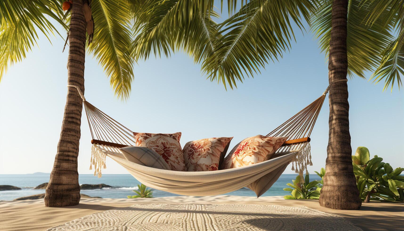 ai generado relajante verano vacaciones en tropical paraíso, palma arboles y hamacas generado por ai foto