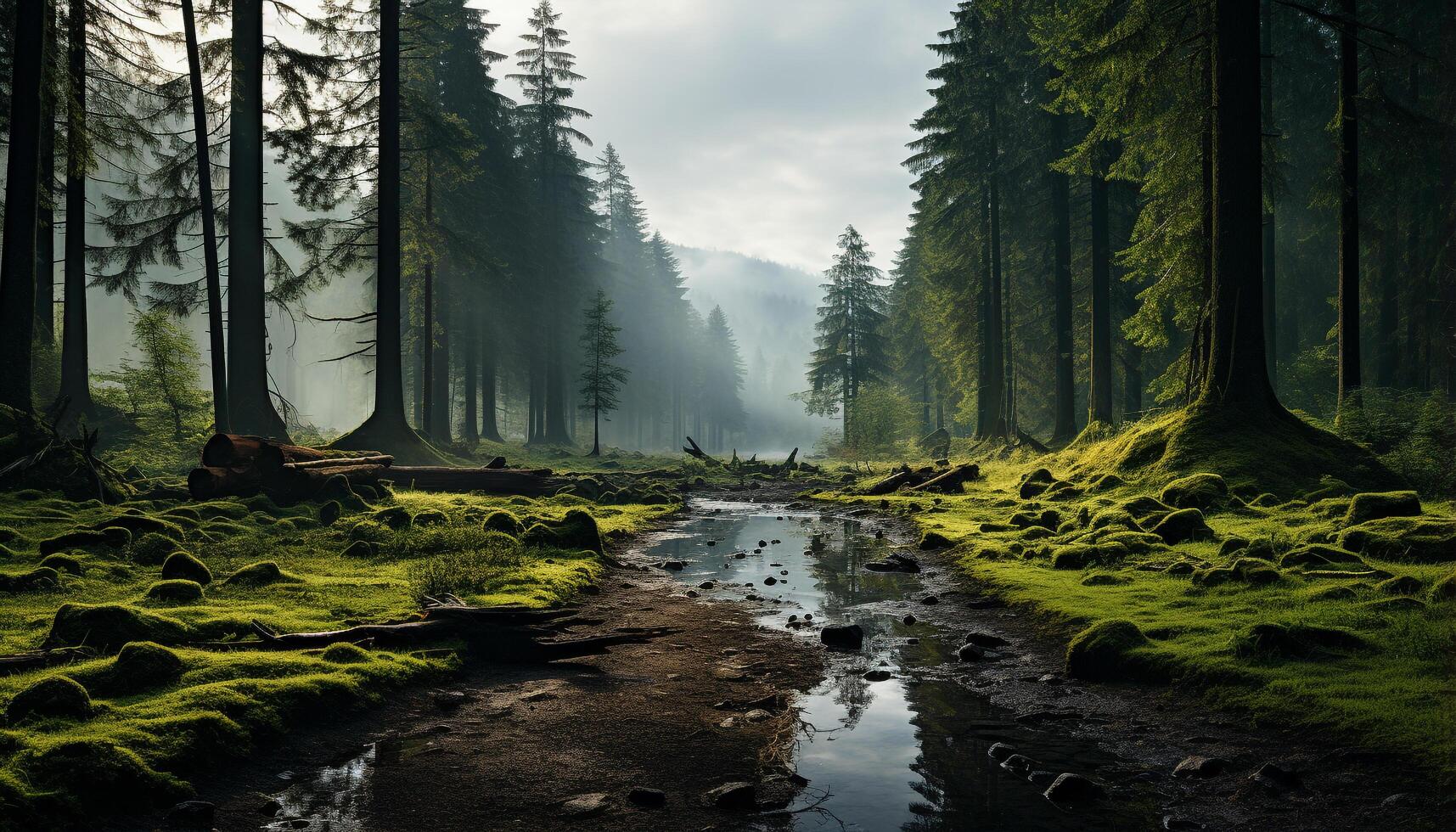 AI generated Tranquil scene  nature beauty reflected in water, forest, and mountains generated by AI photo