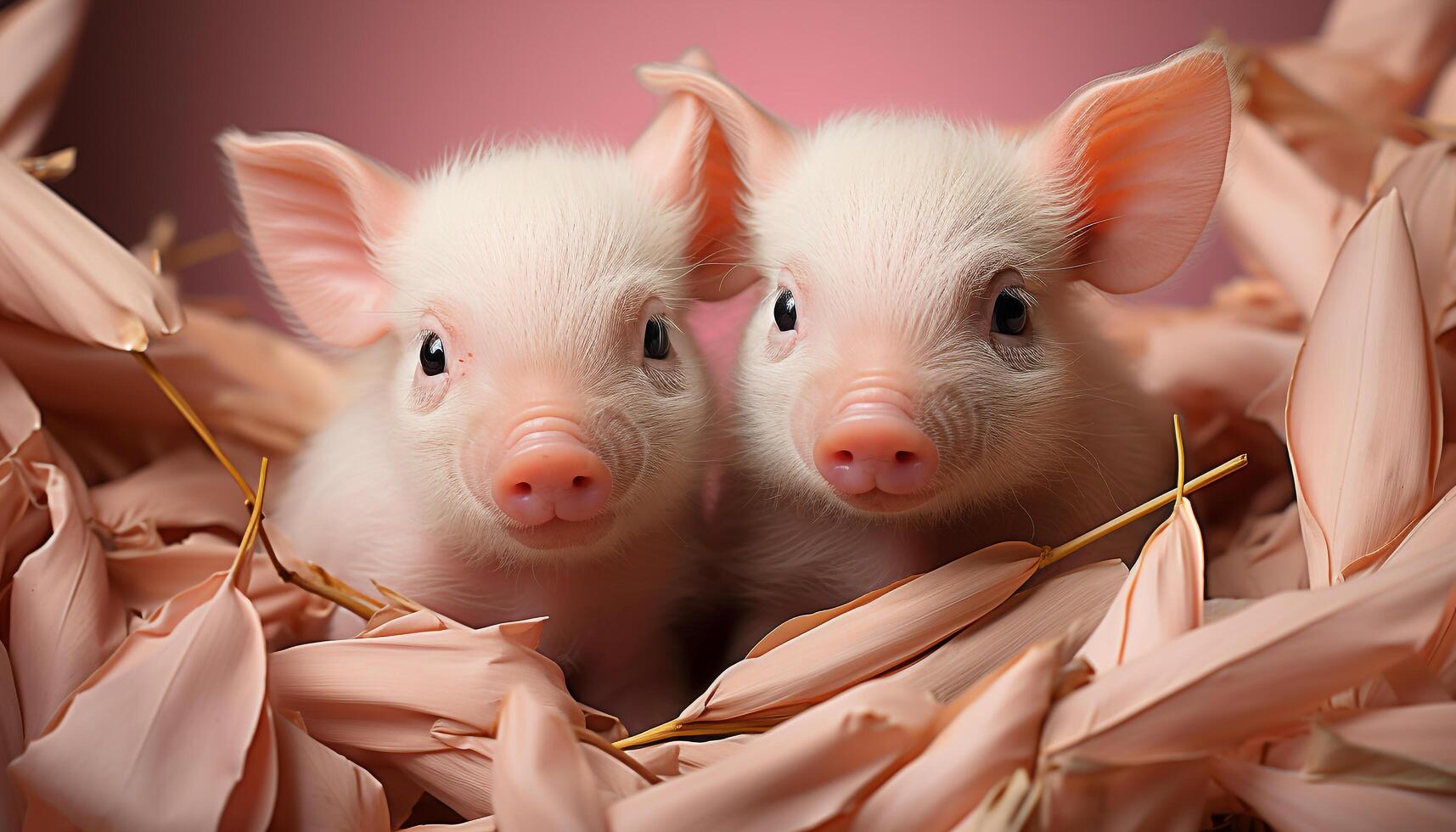 AI generated Cute piglet and fluffy puppy, side by side, looking at camera generated by AI photo