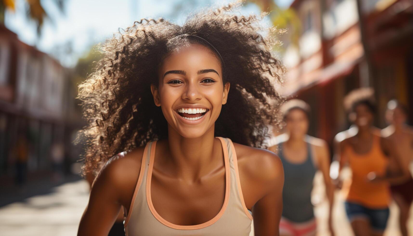 ai generado joven mujer al aire libre, sonriente con confianza, disfrutando ocio actividad generado por ai foto