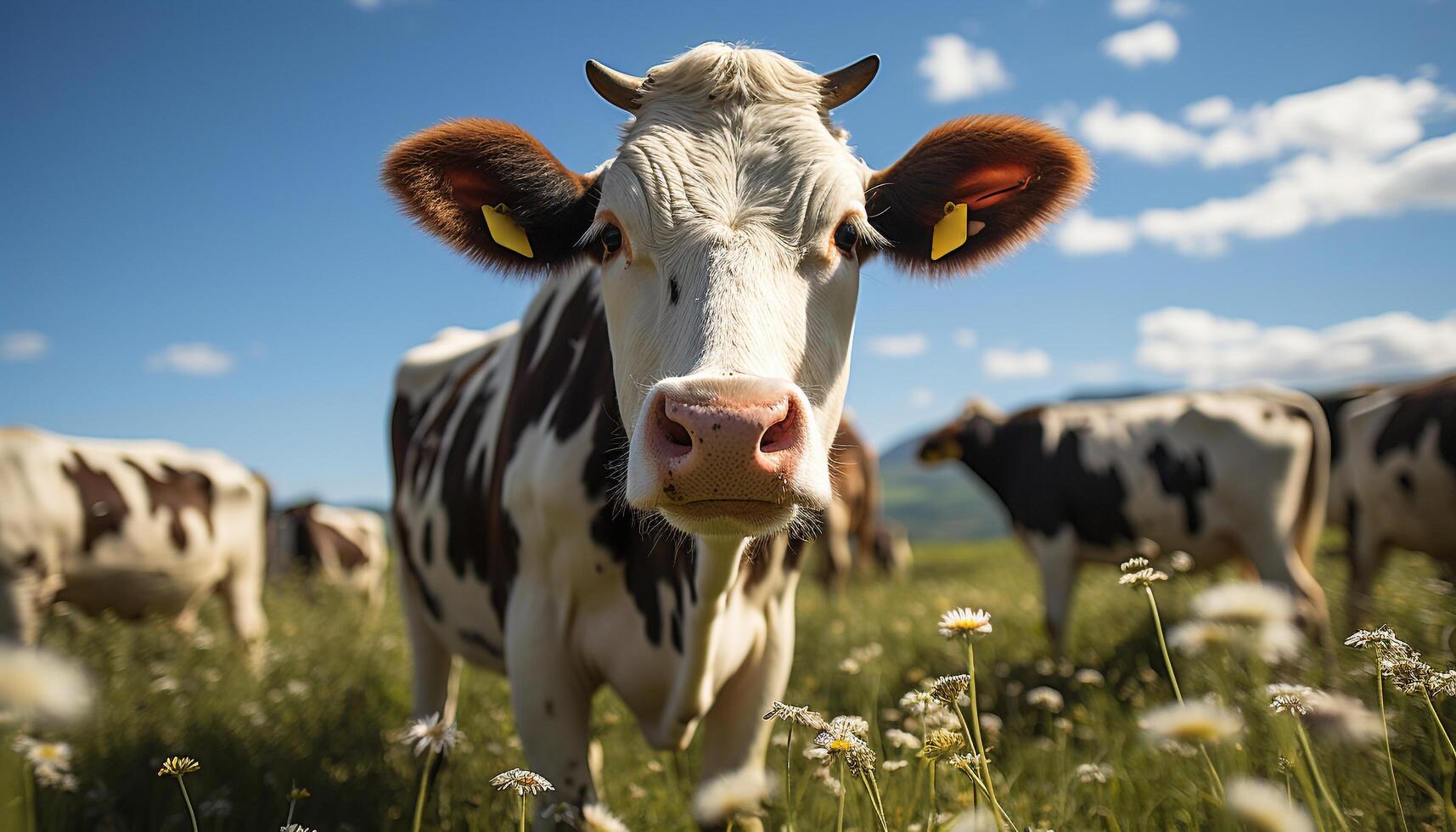 AI generated Cows grazing in green meadow, enjoying fresh organic dairy generated by AI photo