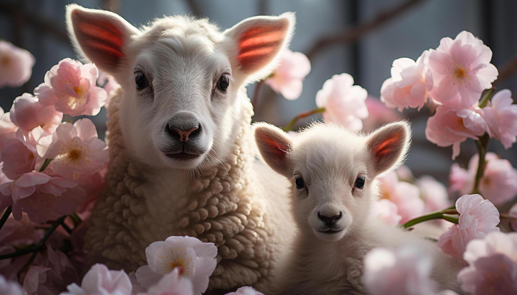 AI generated Cute young lamb looking at purple flower in meadow generated by AI photo