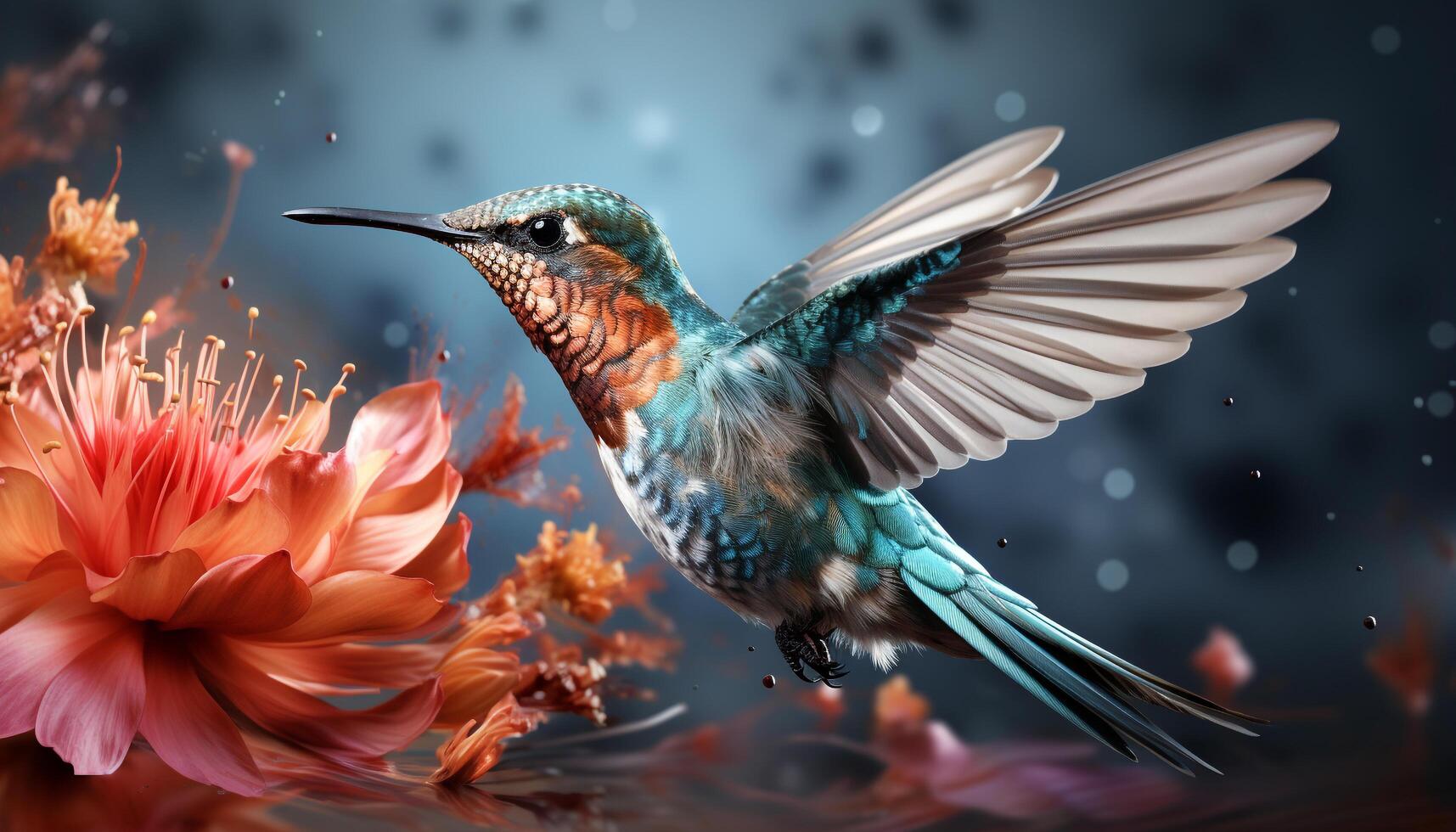 AI generated Hummingbird flying, vibrant feathers spread, pollinating flowers in nature generated by AI photo